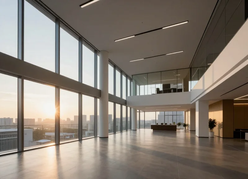 A modern, high-end corporate office interior with spacious layouts and large windows overlooking a city skyline.