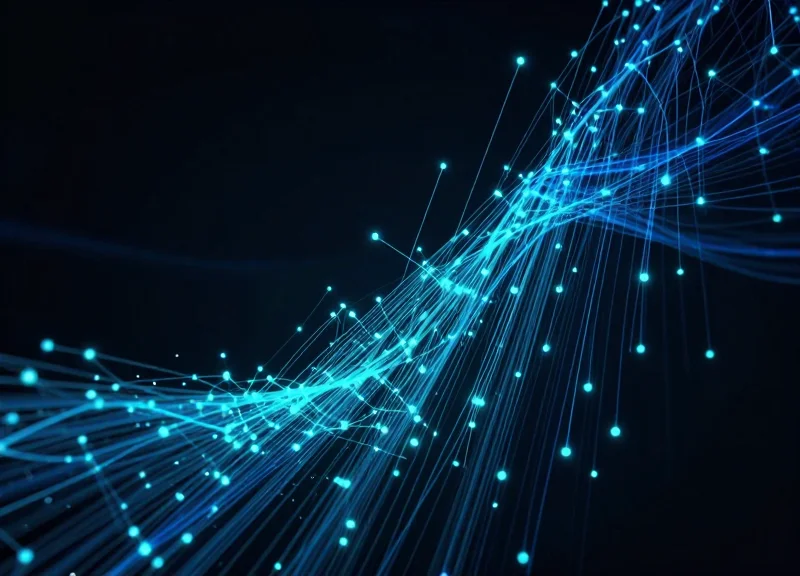 Abstract digital data visualization with glowing nodes and upward moving light trails symbolizing efficiency gains.