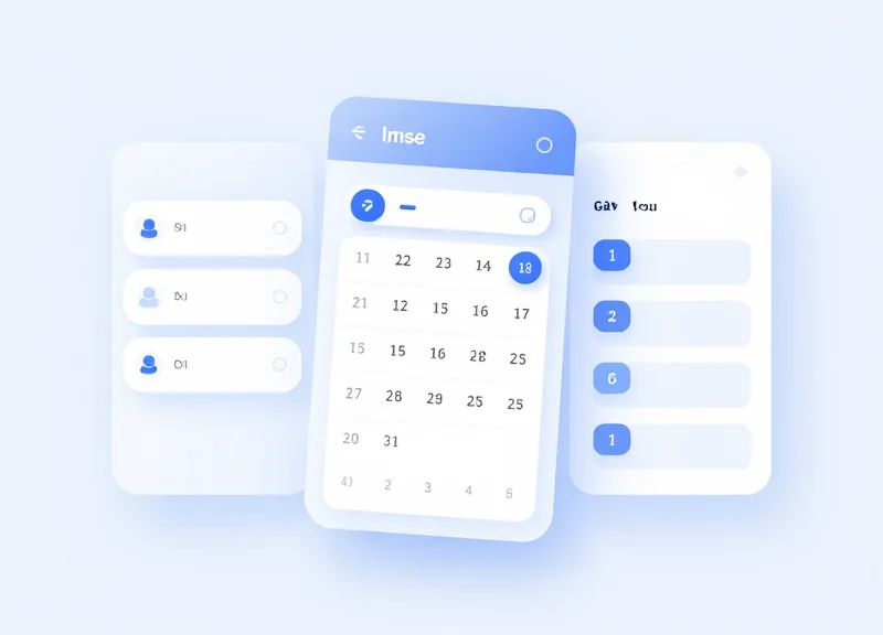 Abstract software interface mockup showing calendar and booking cards with a glassmorphism effect.