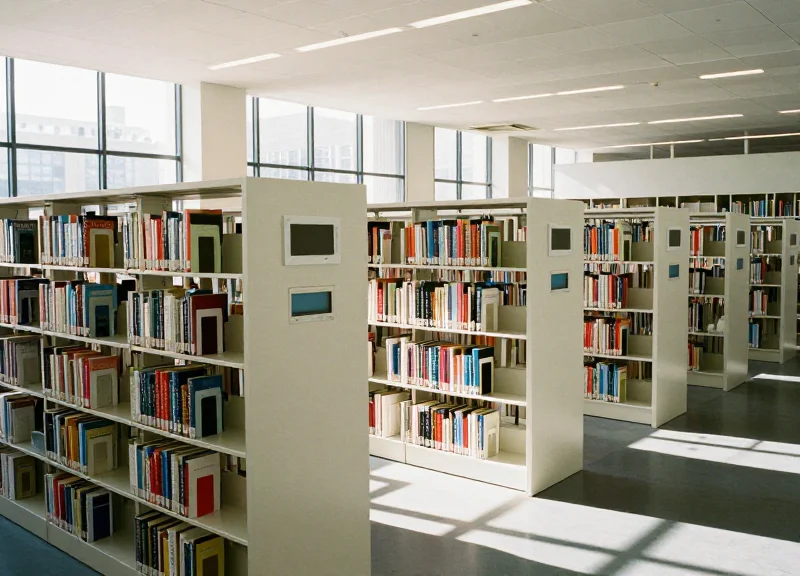 A modern university library with rows of books and electronic shelf labels on the edges of white shelves.