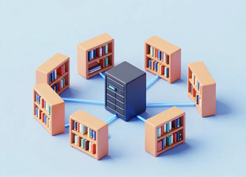 Isometric 3D model of a library server connecting to digital shelf labels.