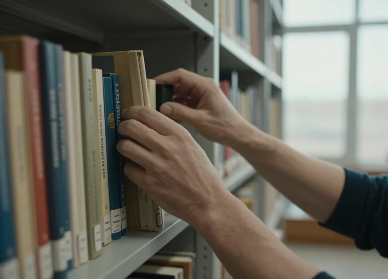 A librarian looking frustrated while trying to organize a cluttered and messy bookshelf with outdated paper tags.