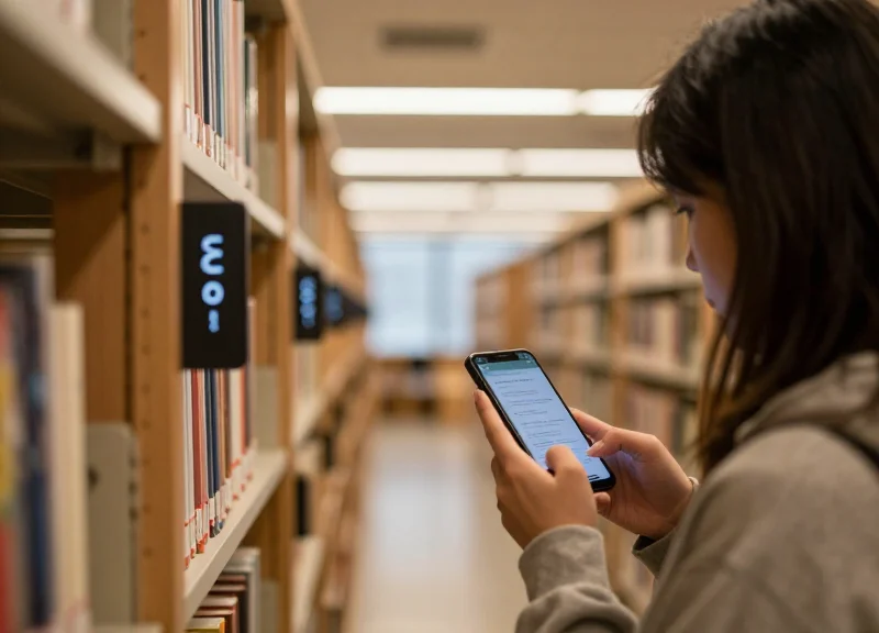 A library patron easily finding a book using digital navigation signals from shelf labels.