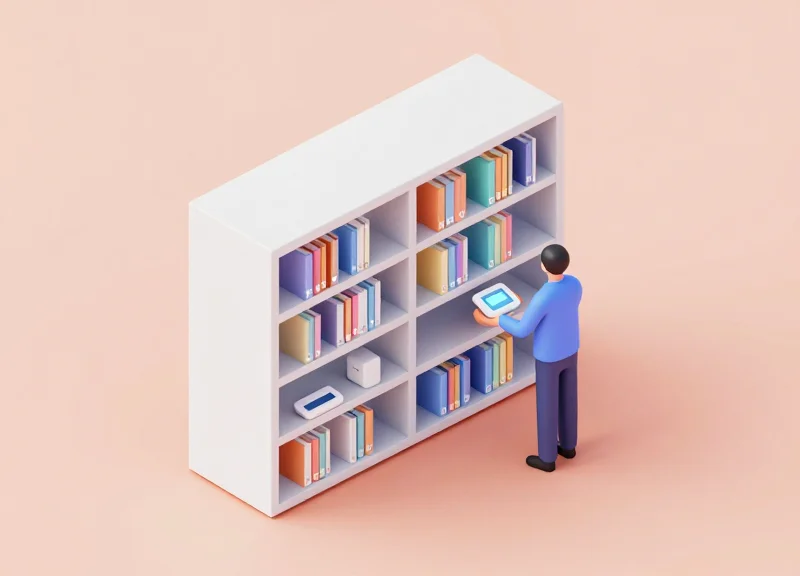 Isometric guide showing the step-by-step installation of digital labels in a library.