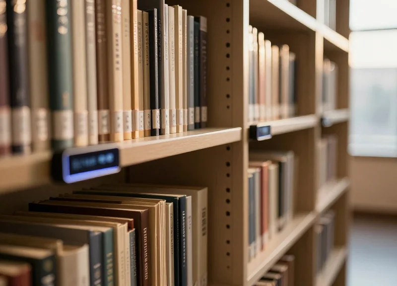 A modern library shelf with electronic shelf labels and traditional books, cinematic lighting