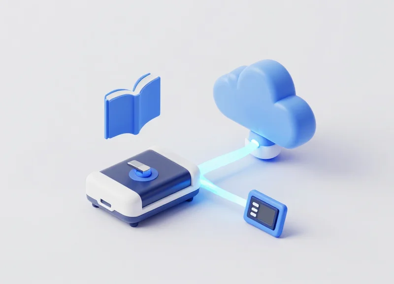 Isometric 3D model showing a book scanner connecting to a cloud database and updating a digital tag