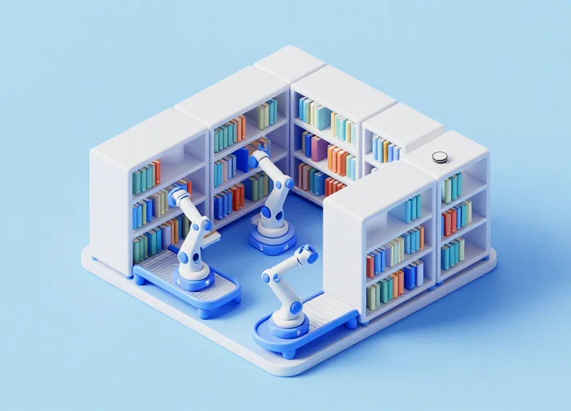 Isometric 3D illustration of an automated library shelving system with small robotic arms moving books on modular racks.