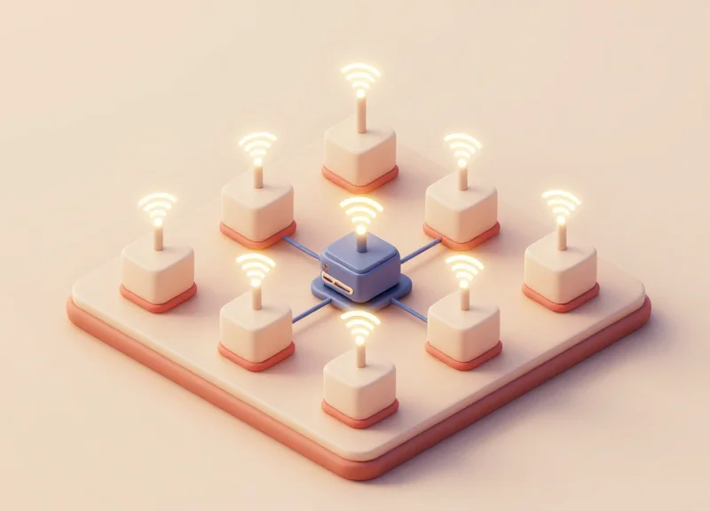 Isometric 3D view of a museum hall with wireless connectivity nodes linking art pieces to a central hub.