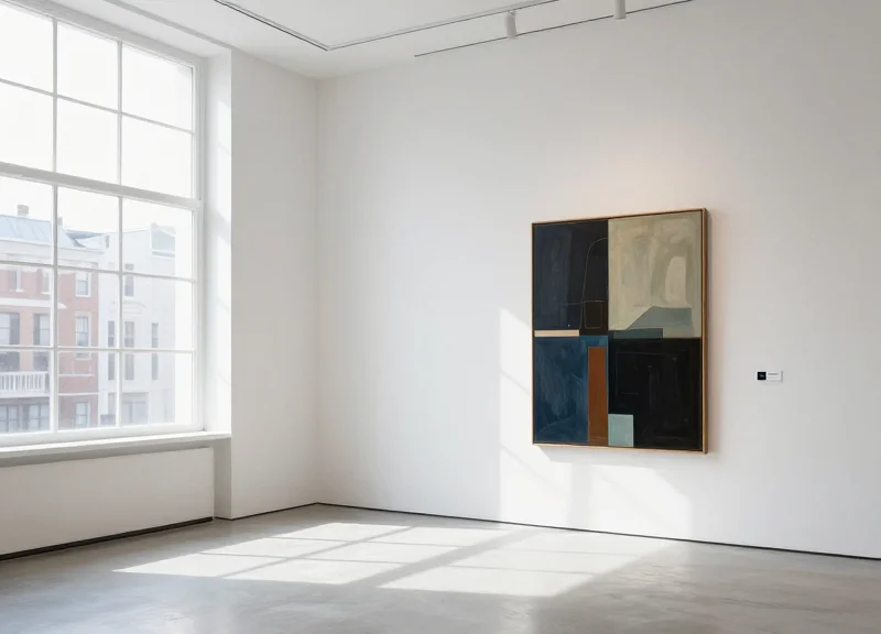 A modern art gallery interior with a sleek digital label placed discreetly next to a painting on a white wall.