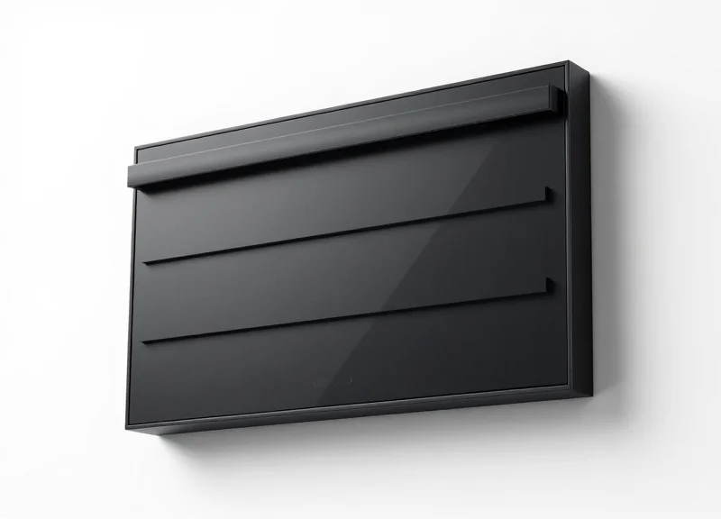 A high-end electronic shelf label with a matte black frame and e-ink display on a pure white background.