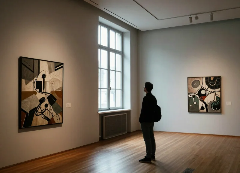 A visitor in a modern, brightly lit museum gallery observing a minimalist exhibit display with soft cinematic lighting.