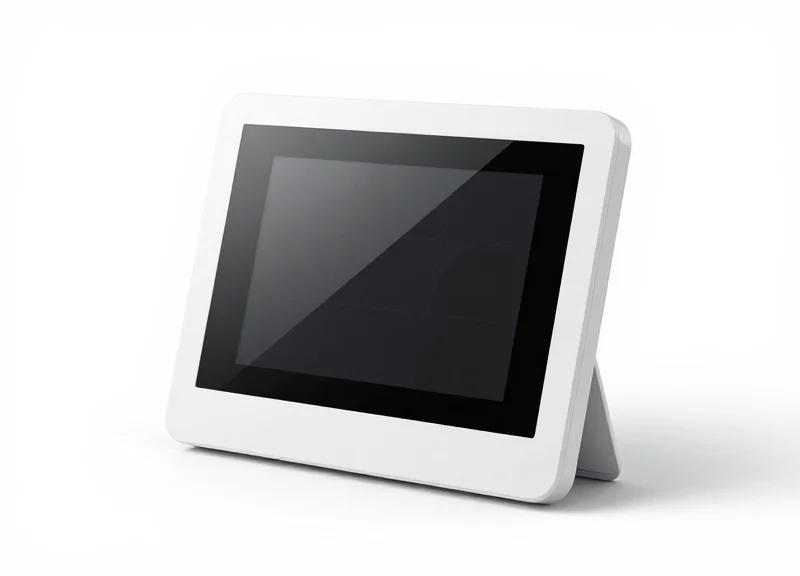 A sleek, next-generation electronic shelf label with a high-definition e-ink display shown at a 45-degree angle.