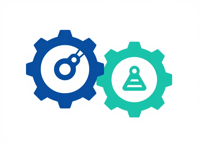 Abstract flat vector illustration showing the integration of a digital tag and a central management system through interlocking gears and flowing lines.