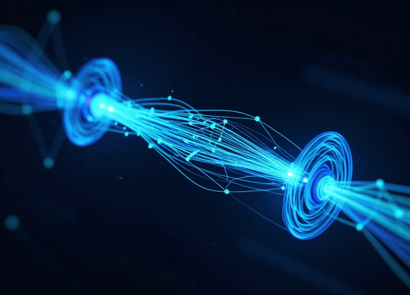 Abstract digital data visualization of glowing fiber optic streams and 3D nodes representing API data exchange.