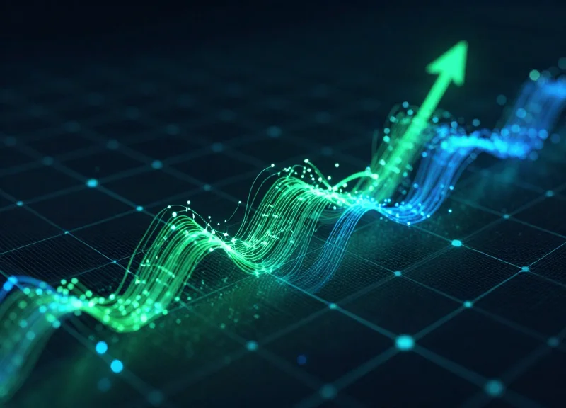 Abstract visualization of energy savings and data flow in a corporate environment.