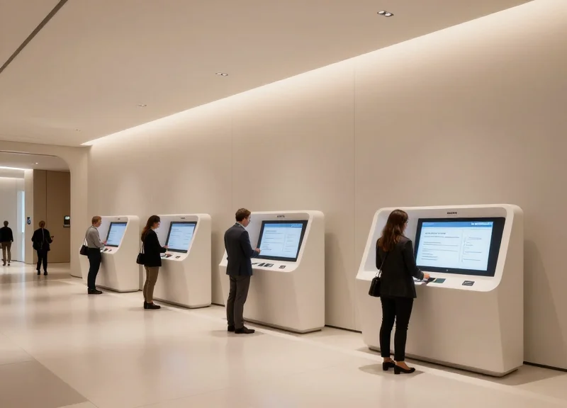 A modern futuristic bank branch interior with minimalist kiosks and warm architectural lighting.