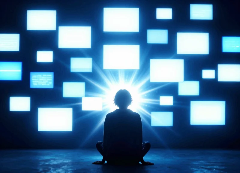 Surrealist art showing a person overwhelmed by chaotic glowing screens representing digital fatigue.