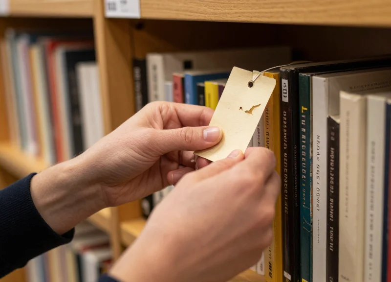 Close-up of a person's hands struggling with multiple paper price tags on a cluttered bookstore shelf.