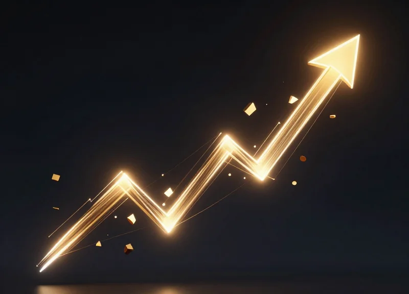 Abstract financial growth visualization with upward trending golden light trails.