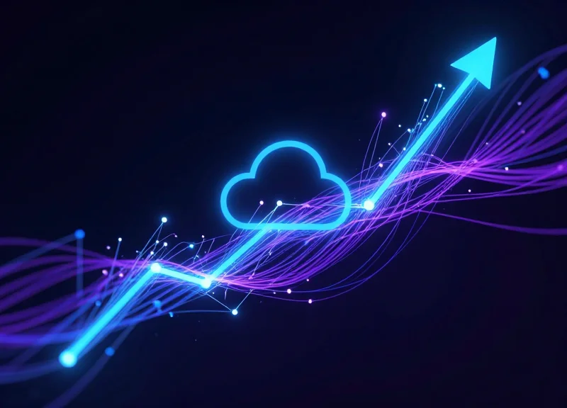 Abstract visualization of cloud data synchronization with glowing nodes and light trails.