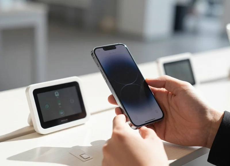 A person's hand using a smartphone to scan a QR code on an electronic shelf label.