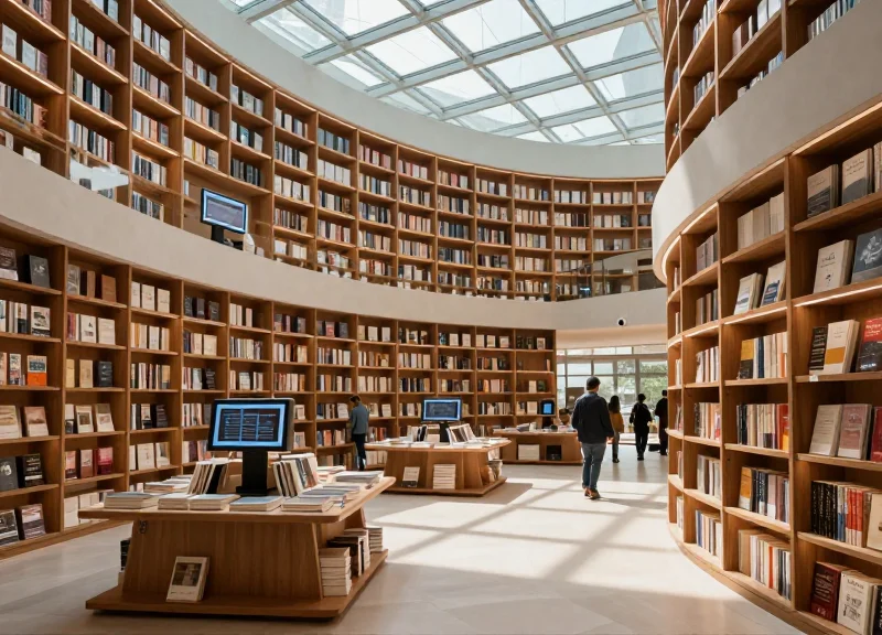 Wide shot of a modern, futuristic bookstore with digital displays integrated into wooden shelves under soft natural light.