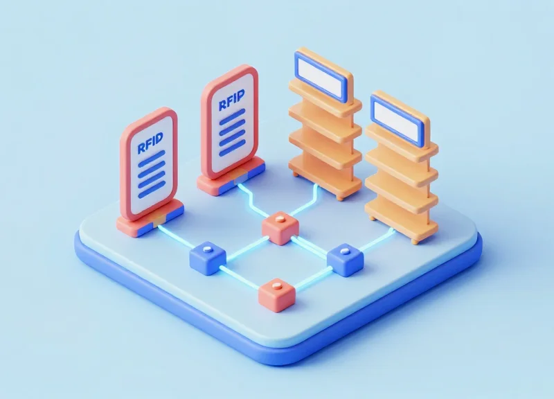 3D isometric model showing a book with an RFID tag communicating with a digital shelf label and a central server.