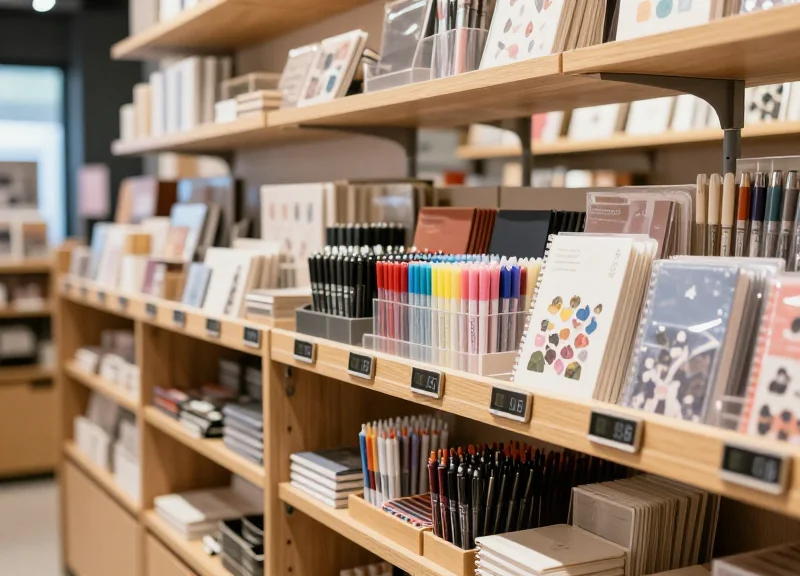 A modern stationery store aisle with small 1.5-inch electronic shelf labels on the wooden shelves, organized pens and notebooks in the background.