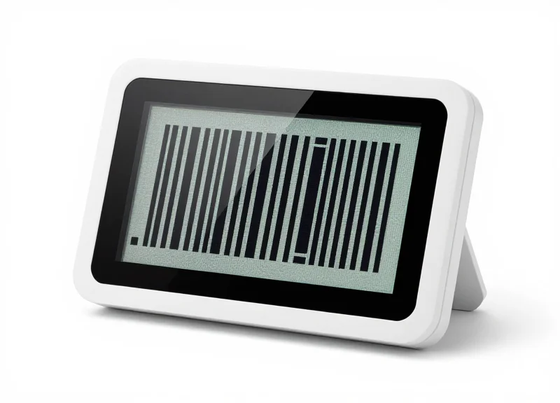 A close-up view of a sleek 1.5-inch electronic shelf label showing a high-resolution e-ink screen with a QR code and graphics.