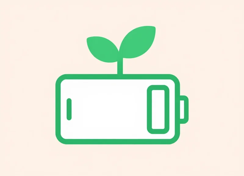 An abstract illustration representing long-lasting energy and eco-friendly technology with a glowing battery icon and green leaves.