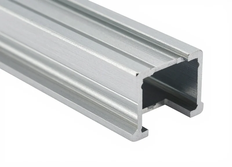 A close-up of a 15mm slim aluminum mounting rail for small electronic shelf labels showing its industrial profile.