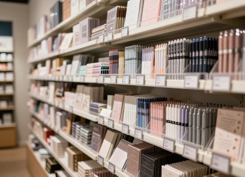 A modern stationery store aisle with perfectly integrated electronic shelf labels on slim rails.