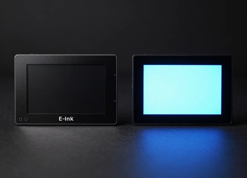 A side-by-side comparison of a matte E-Ink display and a vibrant color LCD screen on two retail tags.