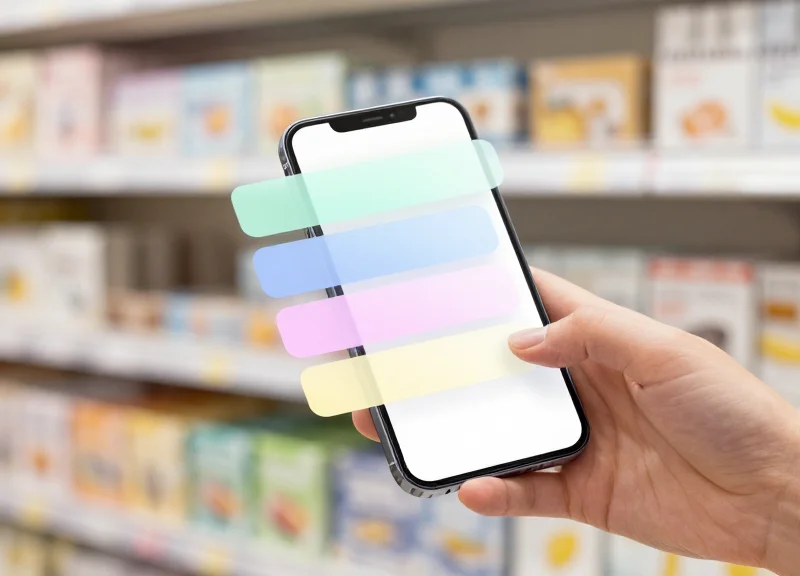 A person scanning an ESL tag with a smartphone, showing an abstract interface on the screen.