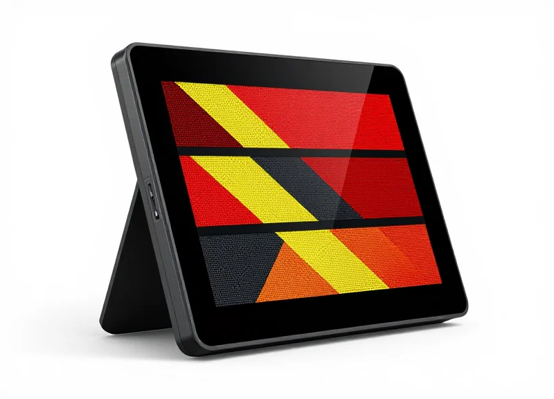 Close-up of a modern 4-color electronic shelf label displaying abstract color patterns.
