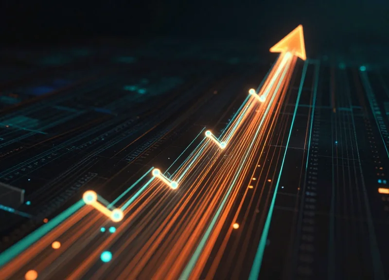 Abstract data visualization showing upward trending light trails representing sales growth.