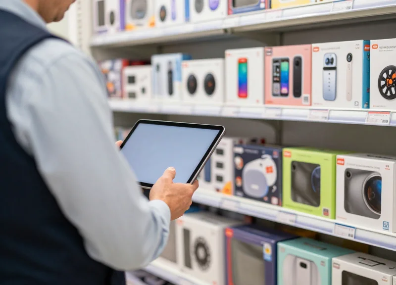 A store employee efficiently managing electronic shelf labels using a tablet in a modern shop.