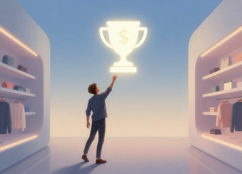 Abstract illustration of a hand reaching for a glowing trophy icon in a futuristic setting