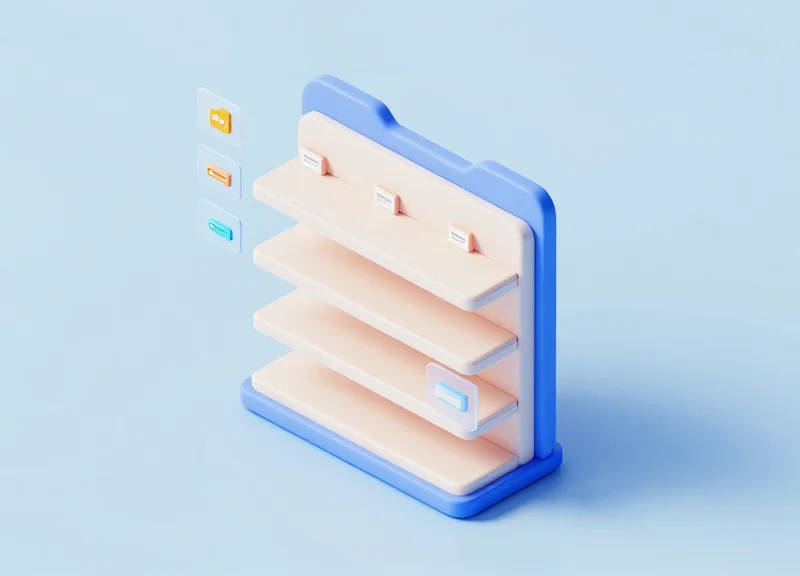 Isometric view of a retail shelf with floating digital augmented reality icons
