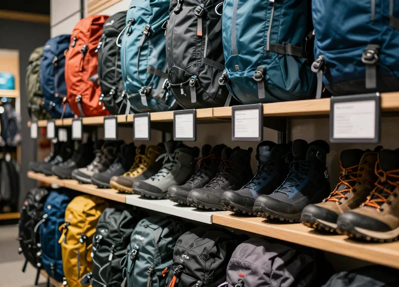 A modern outdoor retail store interior featuring electronic shelf labels on gear racks