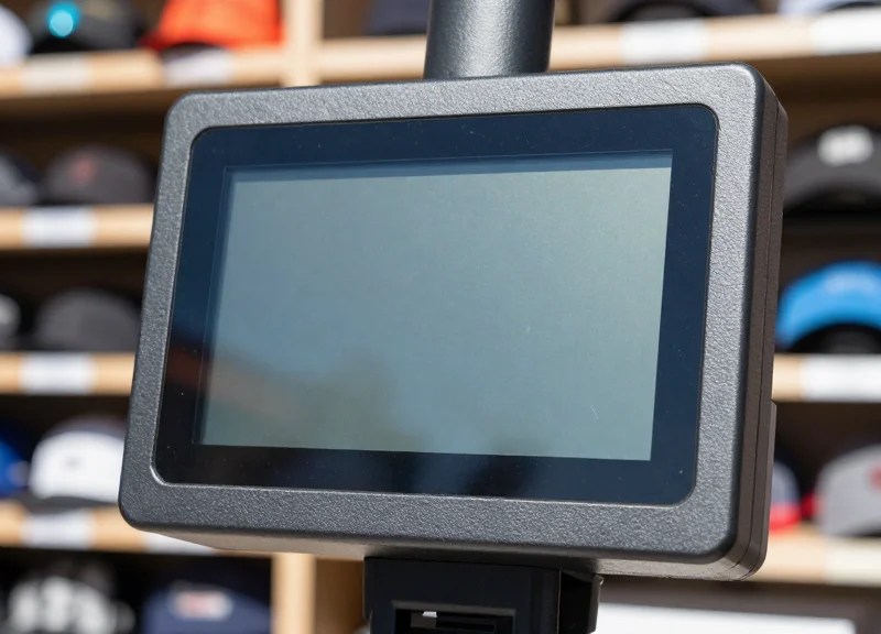 A hand pointing to a clear electronic shelf label under bright direct sunlight