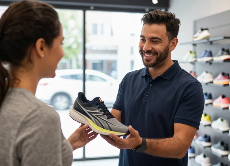 Store assistant helping a customer with high-performance sports gear.