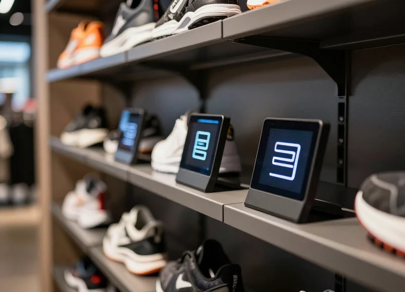 A close-up shot of a modern sports retail shelf featuring premium athletic shoes and electronic shelf labels with abstract digital displays in a high-end store environment.