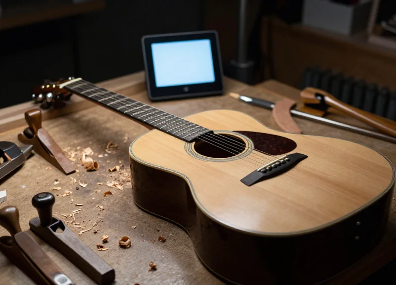 A professional luthier workbench with traditional wood tools and a modern digital screen
