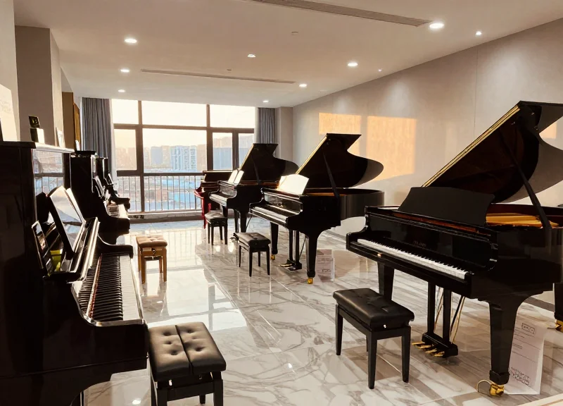A high-end luxury piano showroom with grand pianos and digital displays under cinematic lighting.