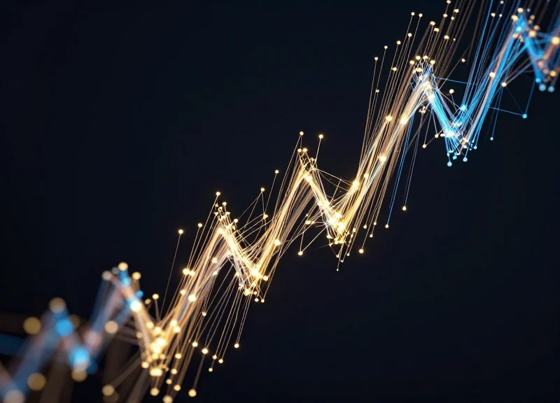 Abstract data visualization showing growth and financial ROI with glowing light trails.