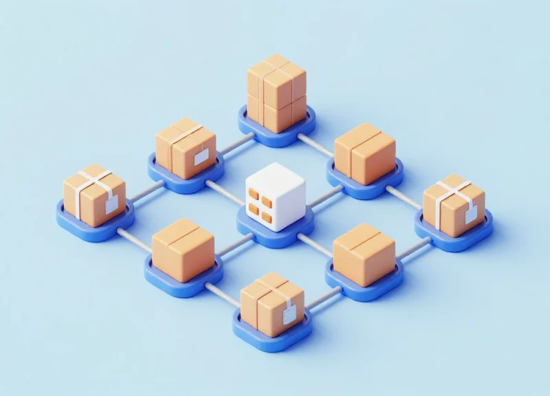 Isometric 3D model of a smart inventory system for retail showing connected digital nodes.