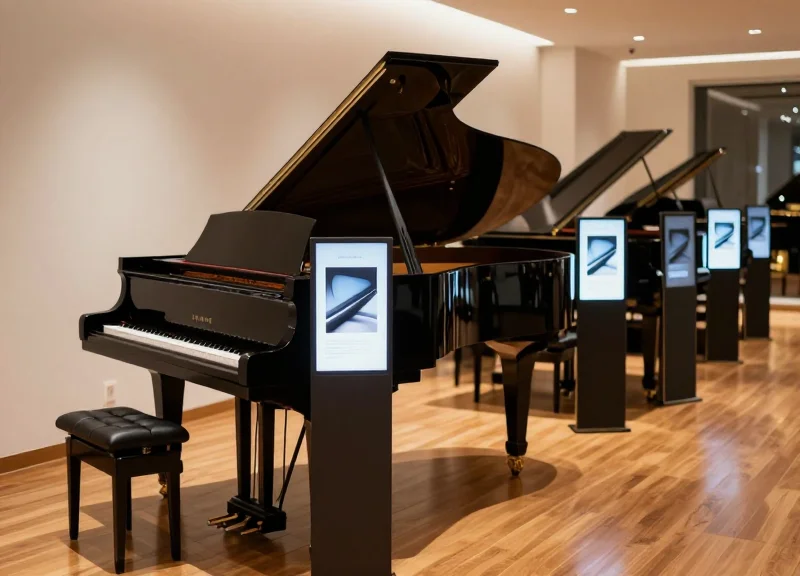 A grand luxury piano in a sleek, modern showroom with minimalist electronic price displays under cinematic lighting.