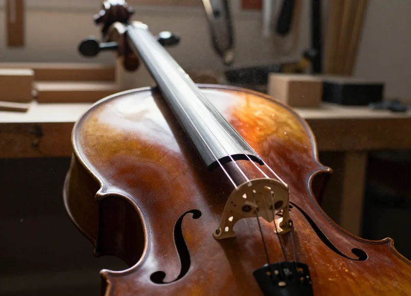 A vintage cello in a luthier's workshop with warm cinematic lighting.