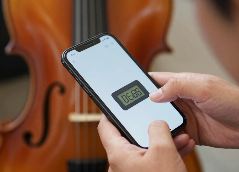A hand scanning a digital tag on an instrument with a smartphone.